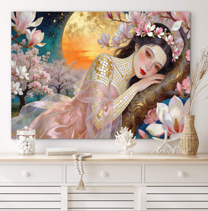 Framed Canvas- Vibrant Magnolia Flowers Beautiful Brunette Woman’s Abstract Portrait Mosaic Original Artwork Fantasy Wall Art Print
