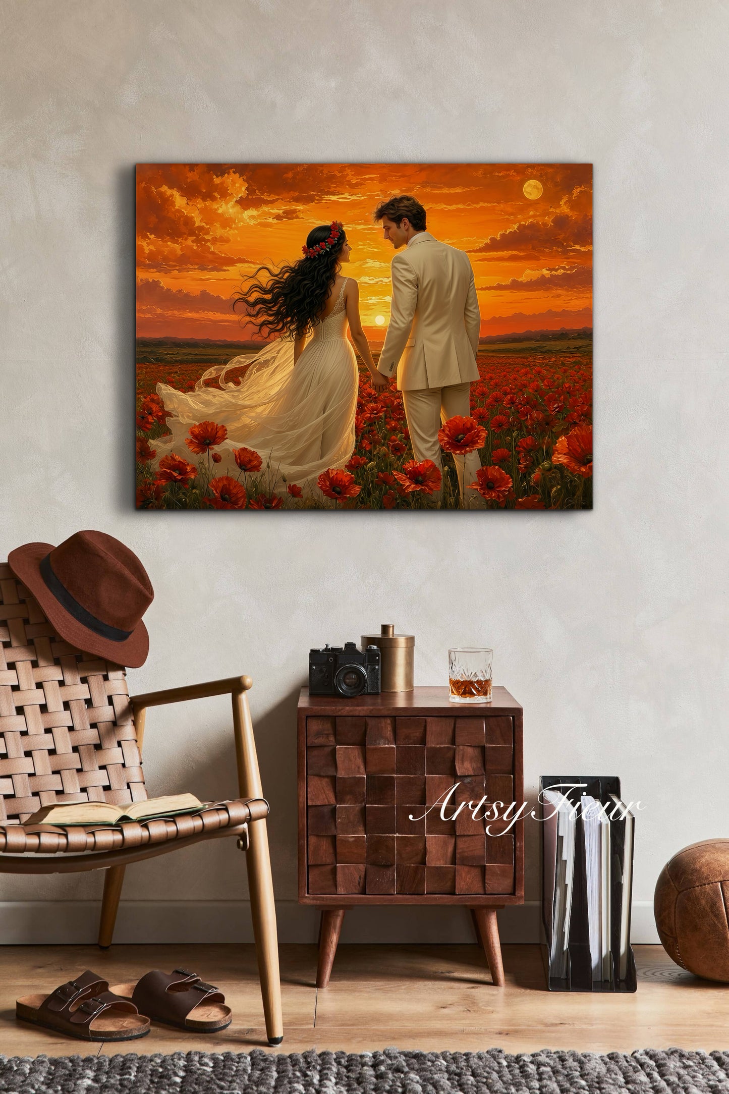 Framed canvas- whimsical full moon sunset bride and groom, wedding, poppy field, vibrant colours living room original artwork, fantasy oil painting wall art print