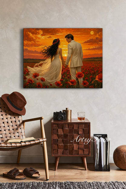 Framed canvas- whimsical full moon sunset bride and groom, wedding, poppy field, vibrant colours living room original artwork, fantasy oil painting wall art print