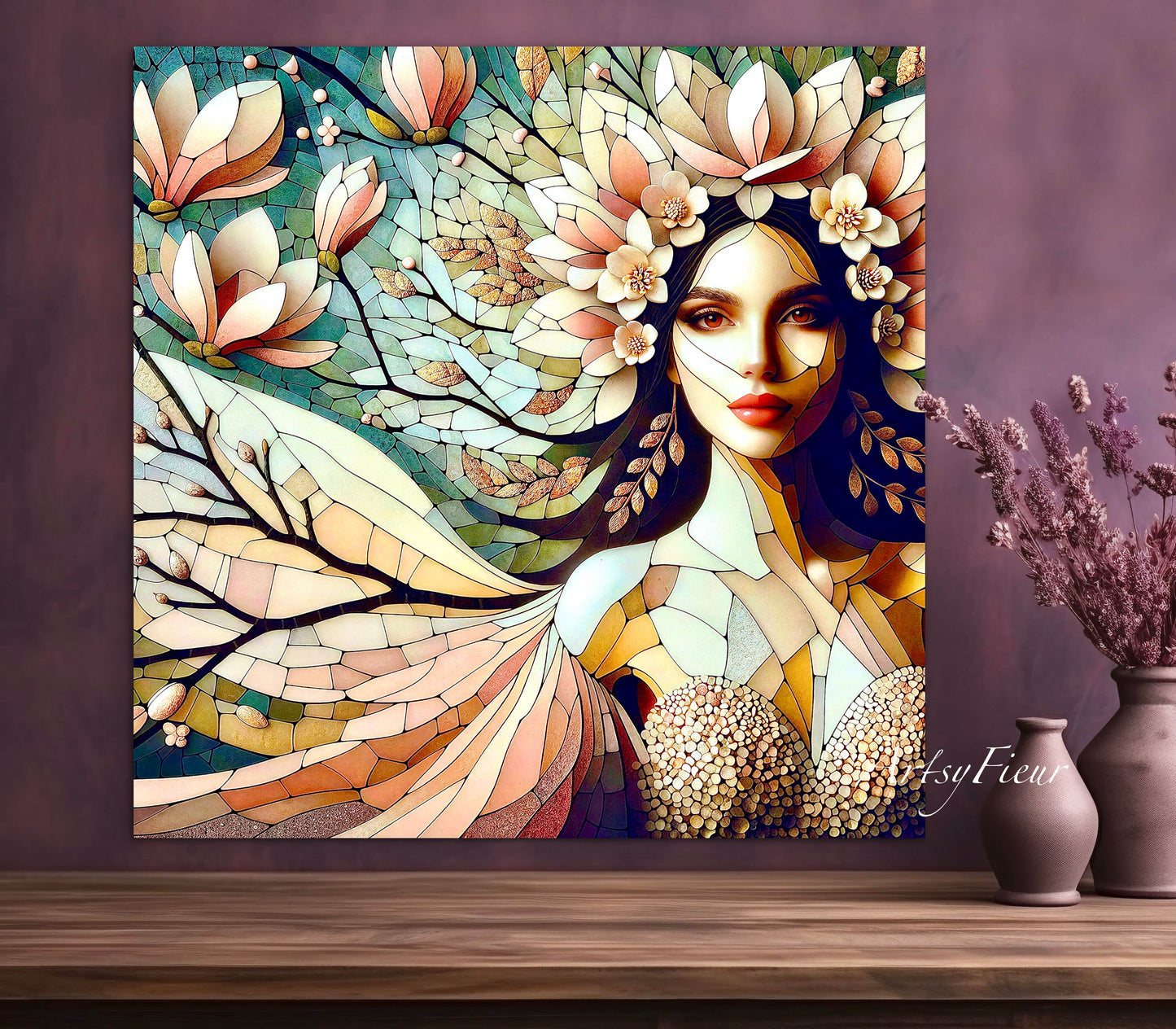 Framed canvas- Original Artwork Vibrant Magnolia Flowers Mosaic Portrait Beautiful Brunette Woman Wall Art Print