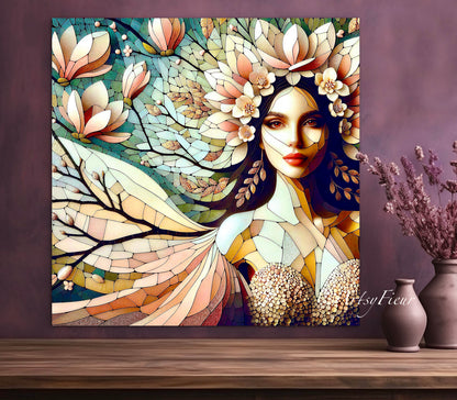 Framed canvas- Original Artwork Vibrant Magnolia Flowers Mosaic Portrait Beautiful Brunette Woman Wall Art Print