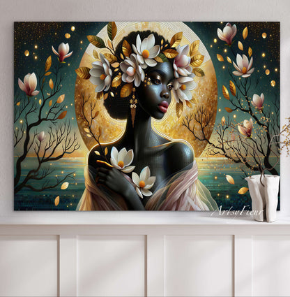 Framed Canvas- Vibrant Magnolia Flowers Beautiful Black Woman’s Abstract Portrait Mosaic Original Artwork Fantasy Wall Art Print