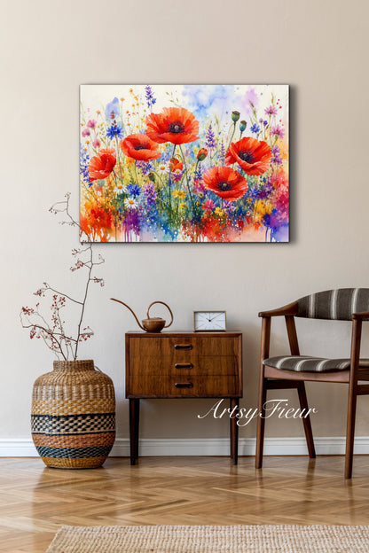 Framed canvas- ready to hand wall art print, beautiful vibrant colours watercolour fantasy painting poppy wildflowers ,floral landscape, unique gift, one of a kind original artwork