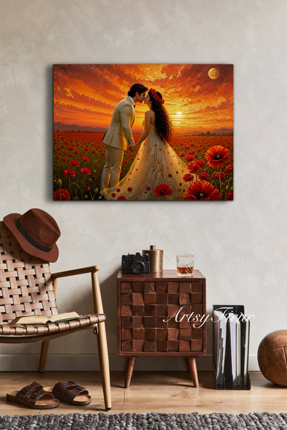 Framed canvas- whimsical full moon sunset bride and groom, wedding, poppy field, vibrant colours living room original artwork, fantasy oil painting wall art print