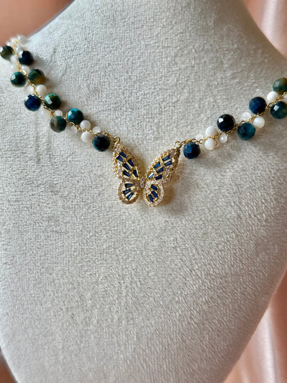 Blue Butterfly Necklace Handmade Braided Beaded | Natural Blue Tiger’s Eye Gemstone | Hypoallergenic| 18k Gold Plated