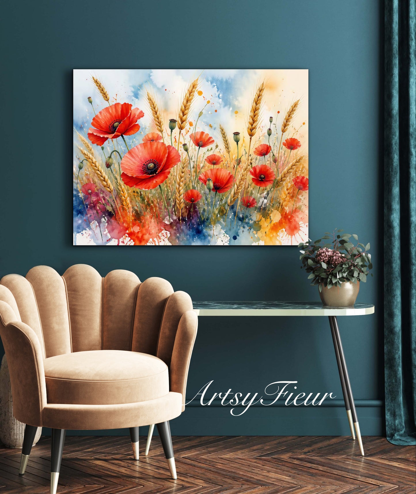 Framed Canvas Print- Vibrant Wildflowers and Poppies Oil Painting Textured Wall Art , Beautiful Original Artwork Ready to Hang Living Room, Floral