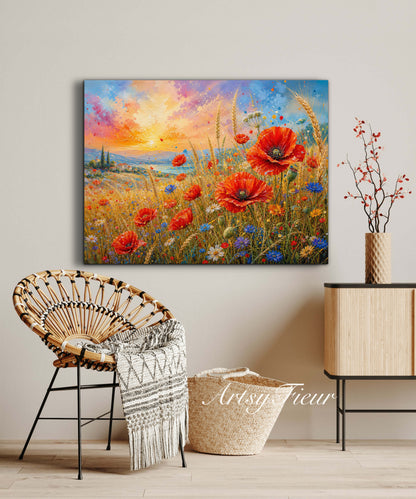 Framed Canvas Print- Vibrant Wildflowers and Poppies Oil Painting Textured Wall Art , Beautiful Original Artwork Ready to Hang Living Room, Floral