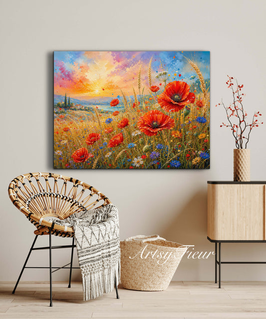 Framed Canvas Print- Vibrant Wildflowers and Poppies Oil Painting Textured Wall Art , Beautiful Original Artwork Ready to Hang Living Room, Floral