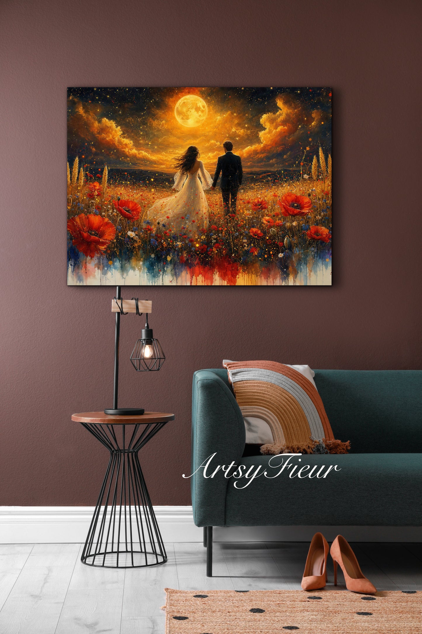 Framed canvas- whimsical full moon sunset -bride and groom, wedding gift, fantasy oil painting bedroom wall art print floral poppies field colourful vibrant colours