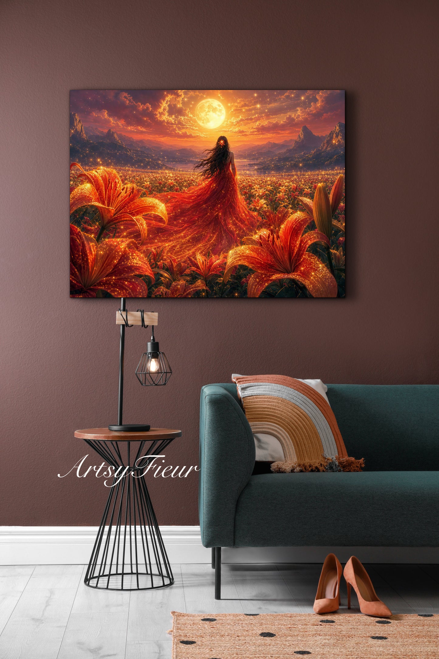 Framed Canvas - Vibrant Lilies Whimsical Full Moon Bride in Poppy Field, Wall Art Ready to hang Oil Painting Original Artwork Print Red Wedding Dress