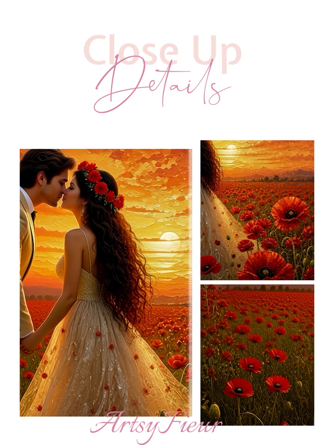 Framed canvas- whimsical full moon sunset bride and groom, wedding, poppy field, vibrant colours living room original artwork, fantasy oil painting wall art print