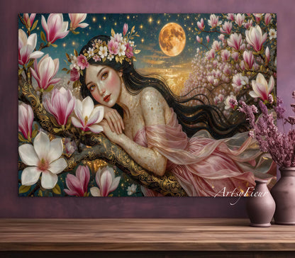 Framed Canvas- Vibrant Magnolia Flowers Beautiful Brunette Woman’s Abstract Portrait Mosaic Original Artwork Fantasy Wall Art Print