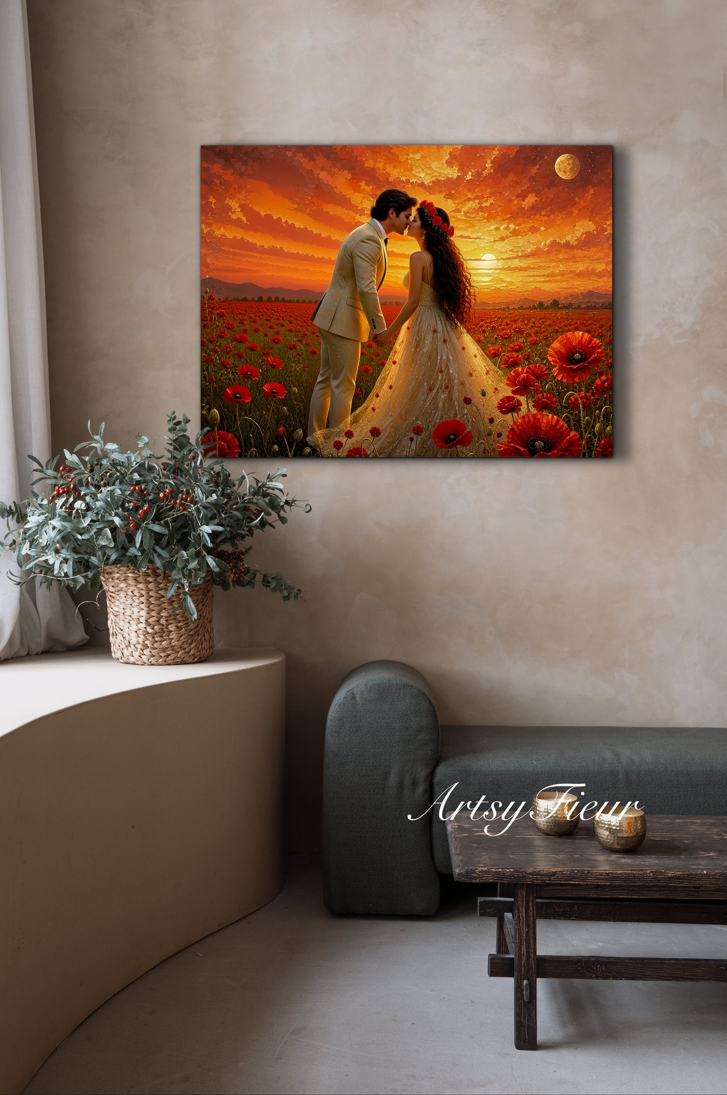 Framed canvas- whimsical full moon sunset bride and groom, wedding, poppy field, vibrant colours living room original artwork, fantasy oil painting wall art print