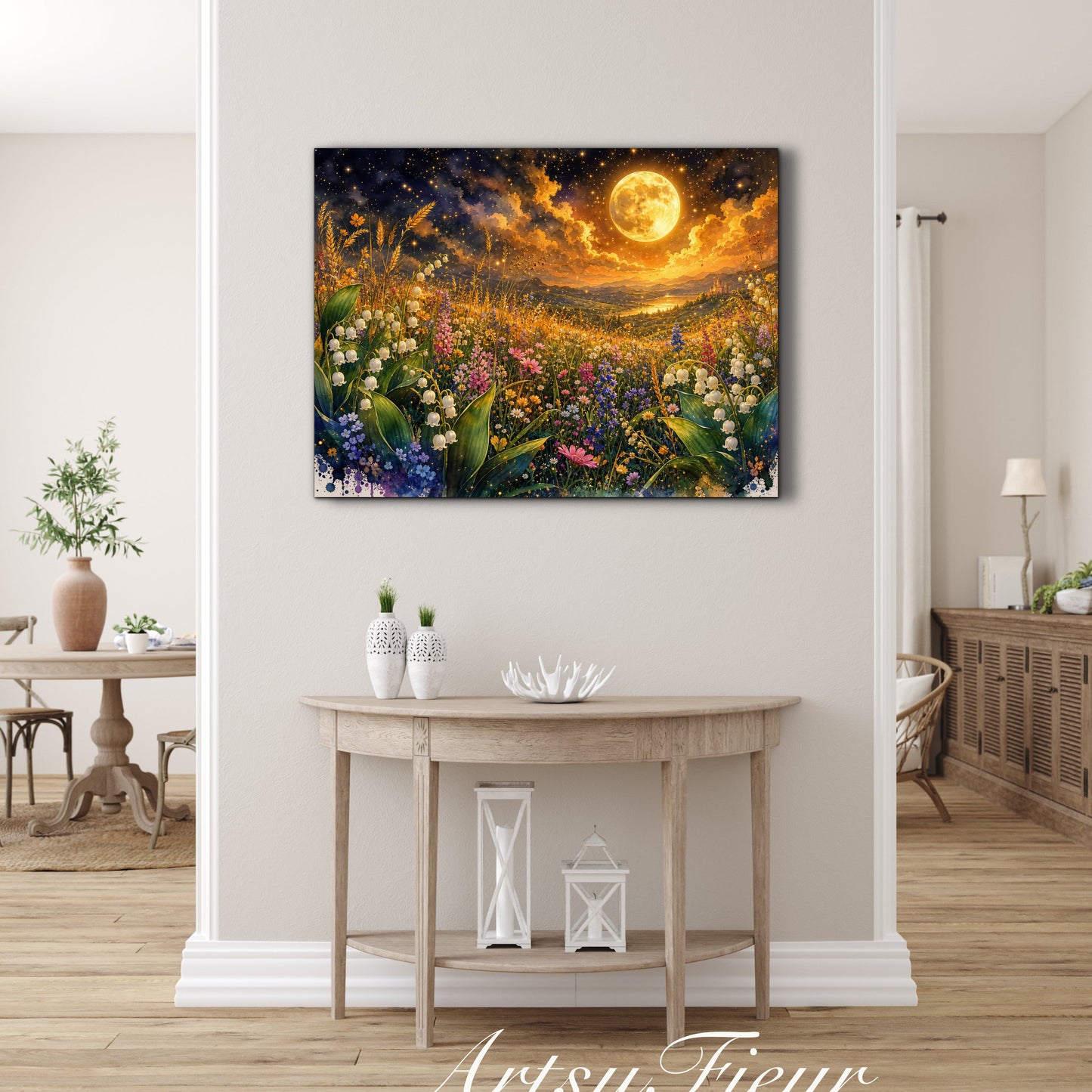 Framed Canvas Print- Vibrant Wildflowers and Lilly of The Valley Oil Painting Textured Wall Art , Beautiful Original Artwork Ready to Hang Living Room, Floral