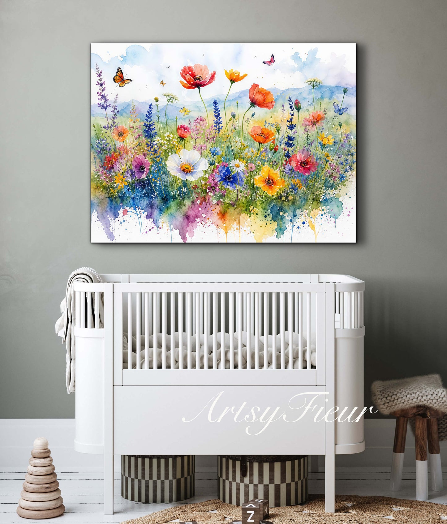 Framed canvas- ready to hang wall art print, beautiful vibrant colours watercolour fantasy painting wildflowers ,floral landscape, unique gift, one of a kind original artwork