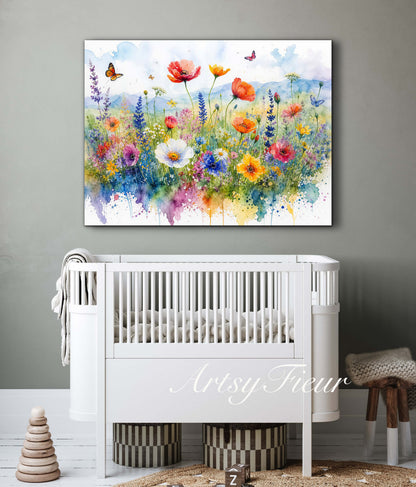 Framed canvas- ready to hang wall art print, beautiful vibrant colours watercolour fantasy painting wildflowers ,floral landscape, unique gift, one of a kind original artwork