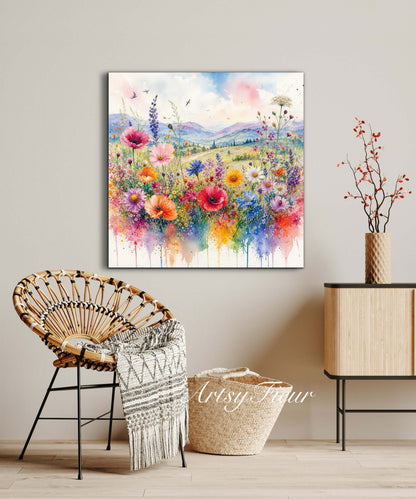 Framed Canvas- Original Artwork Vibrant Colours Wildflowers Watercolour Painting Abstract Colourful Landscape Living Room Wall Art Print