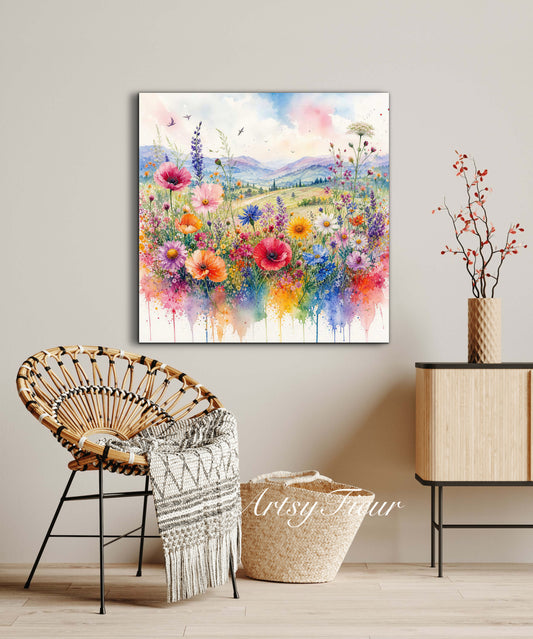 Framed Canvas- Original Artwork Vibrant Colours Wildflowers Watercolour Painting Abstract Colourful Landscape Living Room Wall Art Print