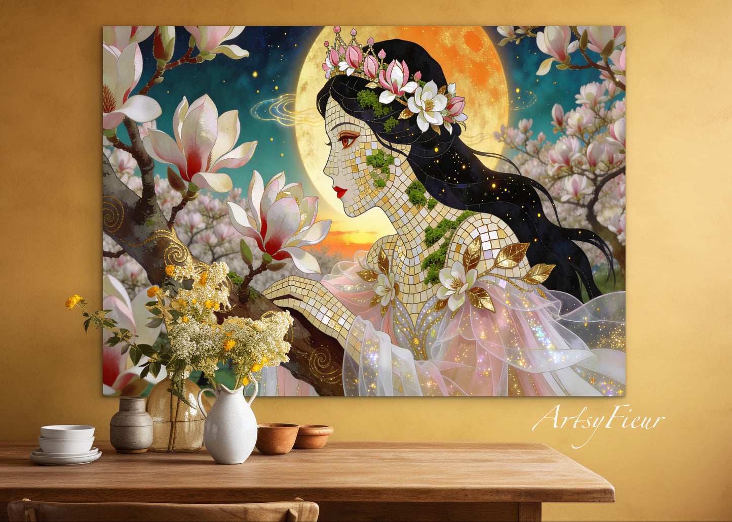 Framed Canvas- Vibrant Magnolia Flowers Beautiful Brunette Woman’s Abstract Portrait Mosaic Original Artwork Fantasy Wall Art Print Mother Nature