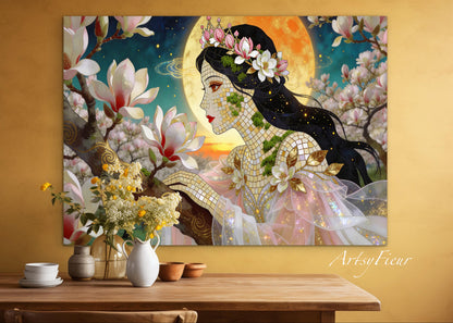 Framed Canvas- Vibrant Magnolia Flowers Beautiful Brunette Woman’s Abstract Portrait Mosaic Original Artwork Fantasy Wall Art Print Mother Nature