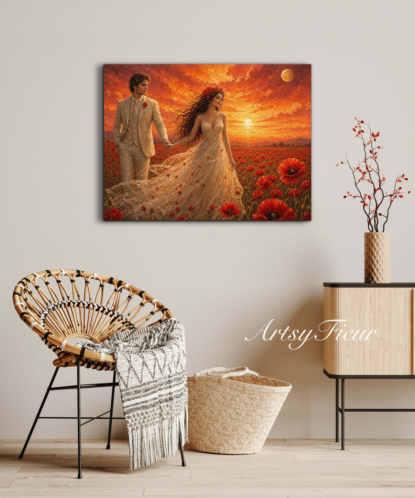 Framed canvas- whimsical full moon sunset -bride and groom, wedding gift, fantasy oil painting bedroom wall art print floral poppies field colourful vibrant colours