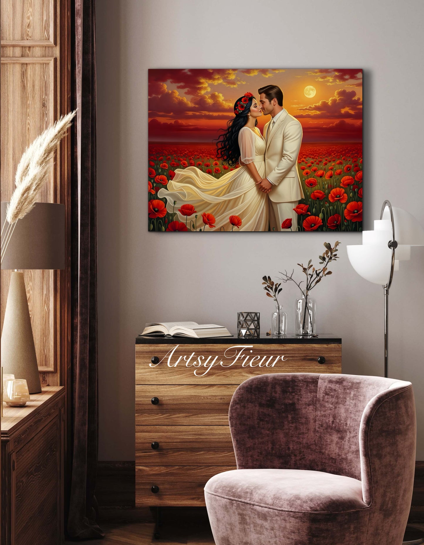 Framed canvas- whimsical full moon sunset bride and groom, wedding, poppy field, vibrant colours living room original artwork, fantasy oil painting wall art print