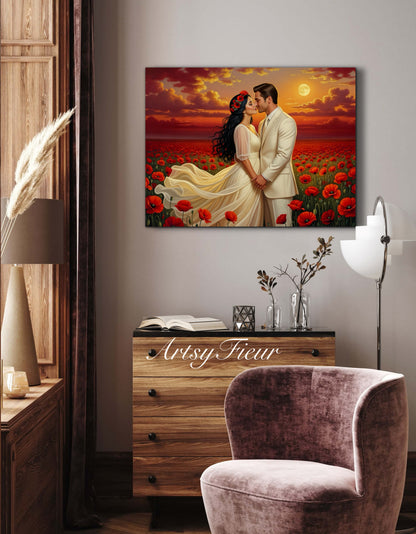 Framed canvas- whimsical full moon sunset bride and groom, wedding, poppy field, vibrant colours living room original artwork, fantasy oil painting wall art print