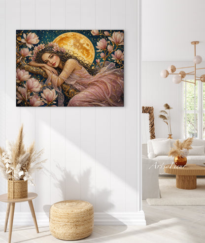 Framed Canvas- Vibrant Magnolia Flowers Beautiful Brunette Woman’s Abstract Portrait Mosaic Original Artwork Fantasy Wall Art Print