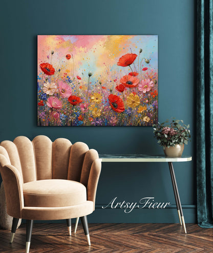 Framed canvas- ready to hand wall art print, beautiful vibrant colours watercolour fantasy painting wildflowers poppies floral landscape, unique gift, one of a kind original artwork