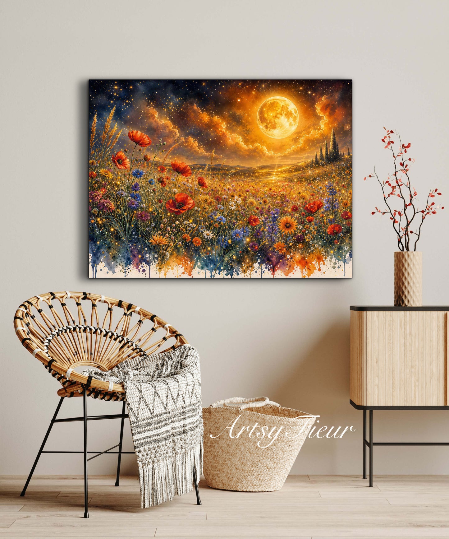 Framed Canvas Print- Vibrant Wildflowers and Poppies Oil Painting Textured Wall Art , Beautiful Original Artwork Ready to Hang Living Room, Floral