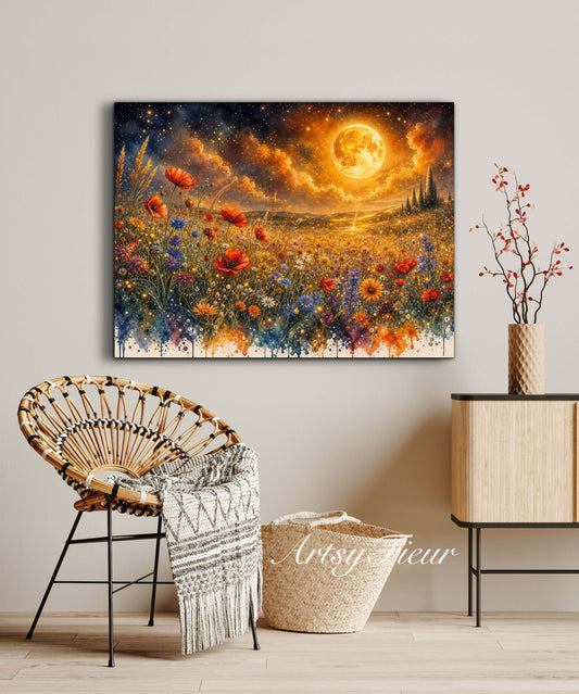 Framed Canvas Print- Vibrant Wildflowers and Poppies Oil Painting Textured Wall Art , Beautiful Original Artwork Ready to Hang Living Room, Floral