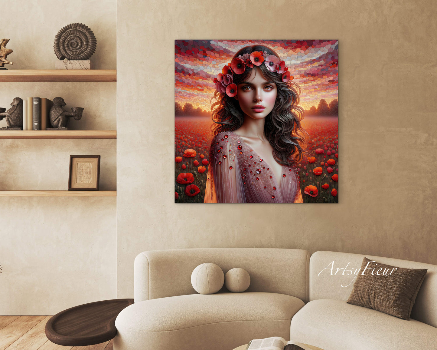 Framed canvas- Original Artwork Vibrant Poppies watercolour floral painting beautiful brunette woman ready to hang wall art print, abstract portrait