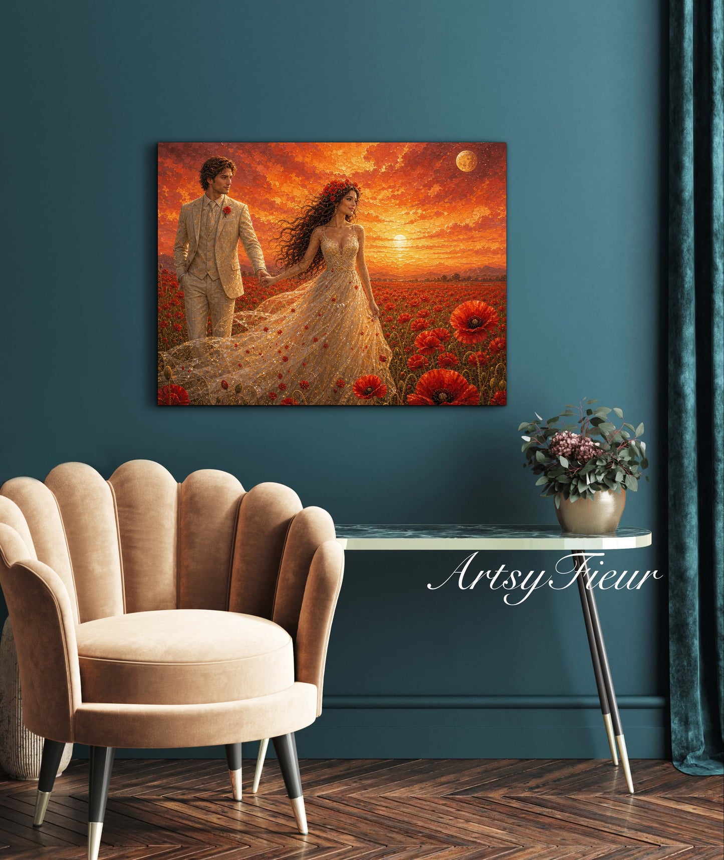 Framed canvas- whimsical full moon sunset -bride and groom, wedding gift, fantasy oil painting bedroom wall art print floral poppies field colourful vibrant colours