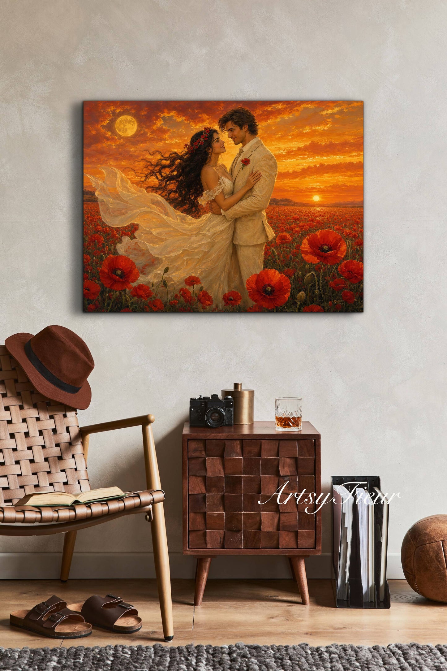 Framed canvas- whimsical full moon sunset bride and groom, wedding, poppy field, vibrant colours living room original artwork, fantasy oil painting wall art print