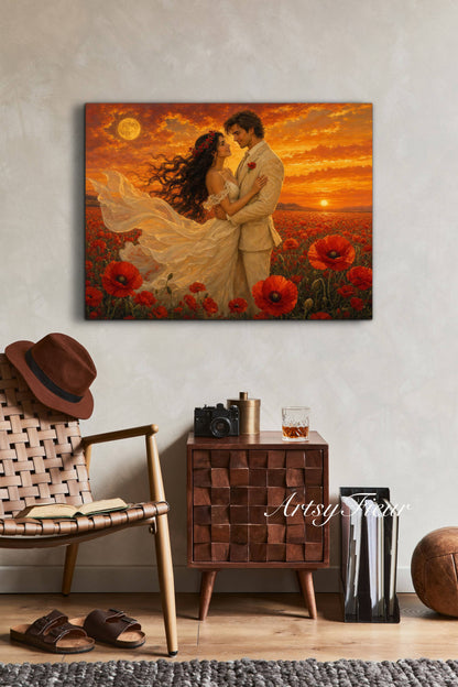 Framed canvas- whimsical full moon sunset bride and groom, wedding, poppy field, vibrant colours living room original artwork, fantasy oil painting wall art print