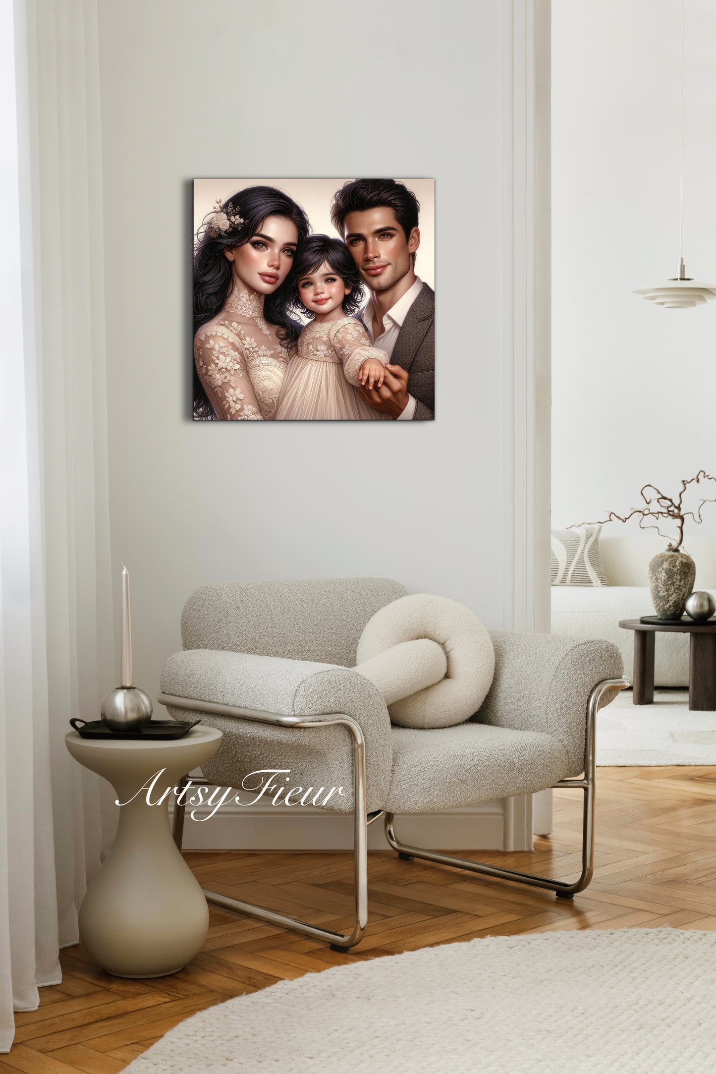 Framed canvas- ready to hang wall art print, colourful drawing abstract family portrait mother and daughter colourful drawing