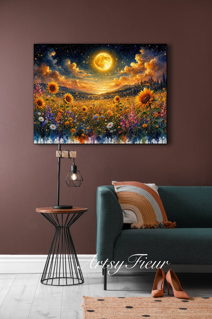 Framed Canvas- Beautiful Vibrant Colours Full Moon Floral Landscape, Wildflowers and Sunflowers Field under Night Sky Living Room Wall Art