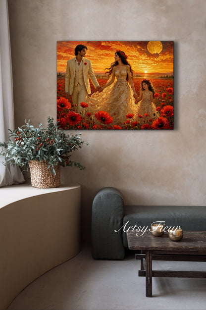 Framed Canvas Vibrant Poppies- Whimsical full moon fantasy oil painting Wedding celebration mother and daughter beautiful family portrait Original wall art print