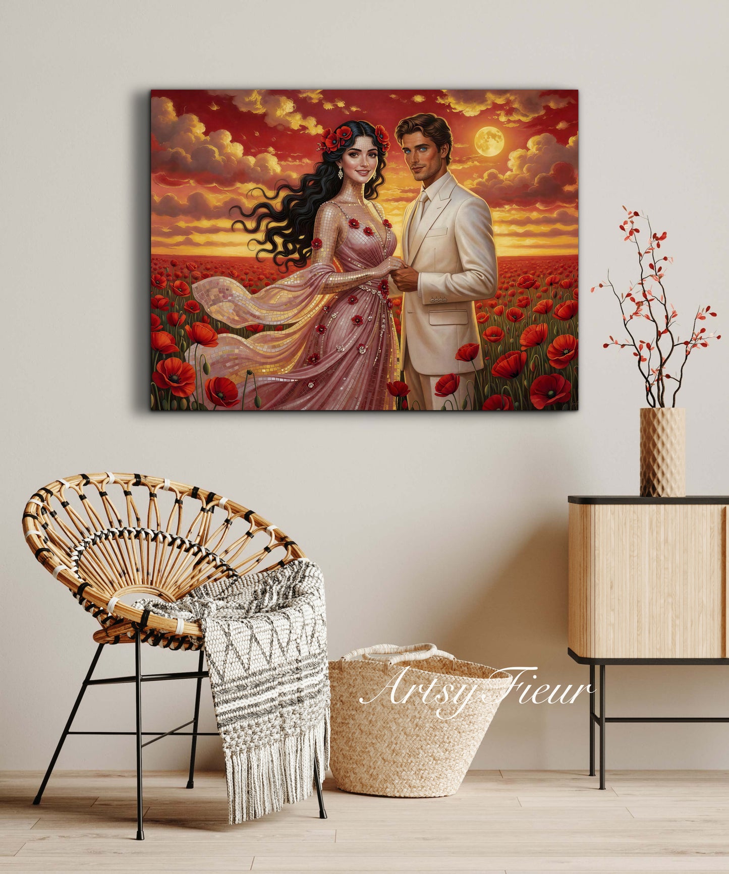 Framed canvas- whimsical full moon sunset bride and groom, wedding, poppy field, vibrant colours living room original artwork, fantasy oil painting wall art print
