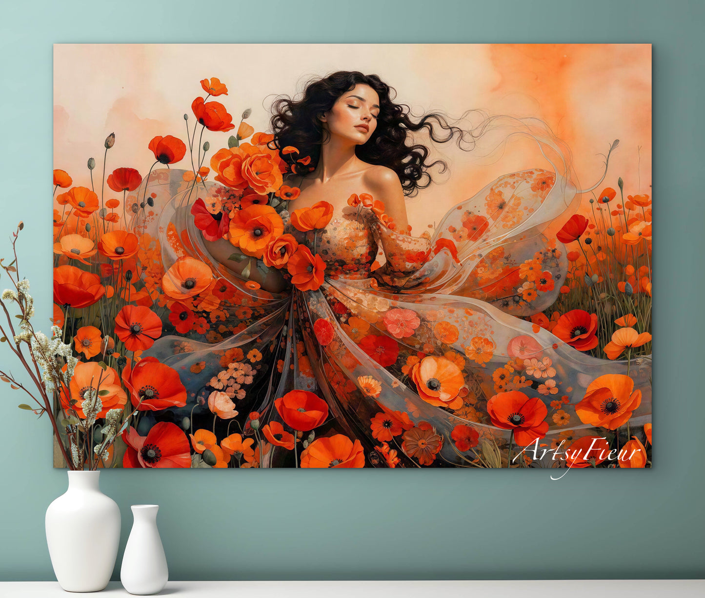 Framed Canvas - Vibrant Poppies Whimsical Full Moon Beautiful Brunette Woman in the Poppy Field, Wall Art Ready to hang Oil Painting Original Artwork Print