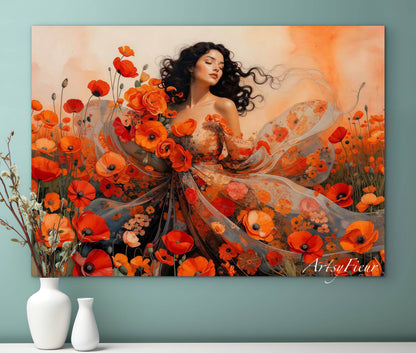 Framed Canvas - Vibrant Poppies Whimsical Full Moon Beautiful Brunette Woman in the Poppy Field, Wall Art Ready to hang Oil Painting Original Artwork Print