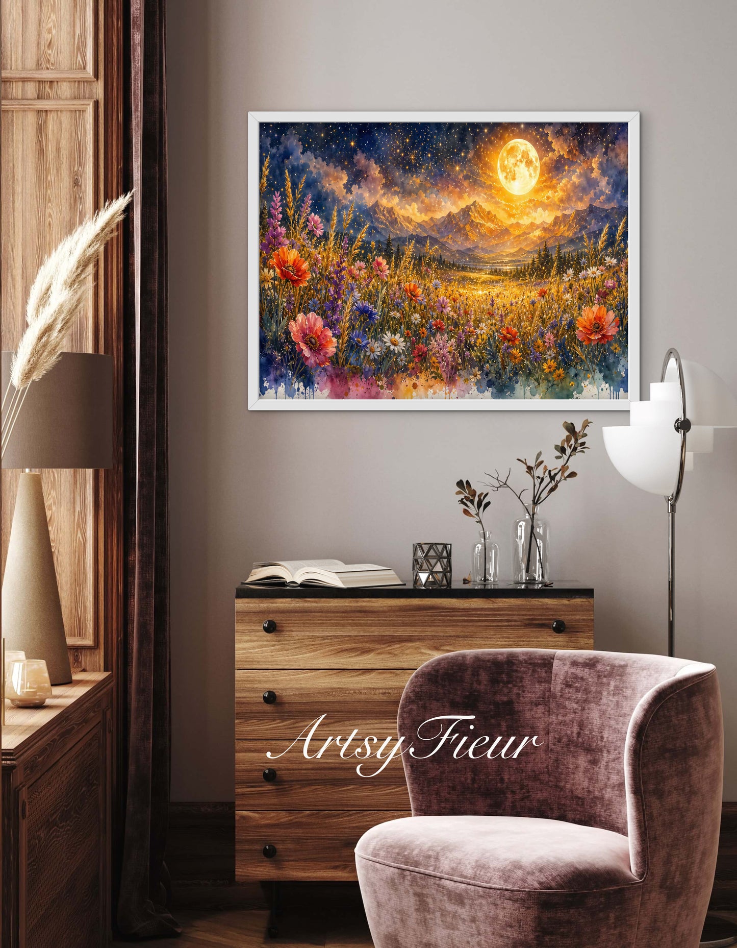 Framed canvas- vibrant full moon starry night sky colourful wildflowers floral wall art living room