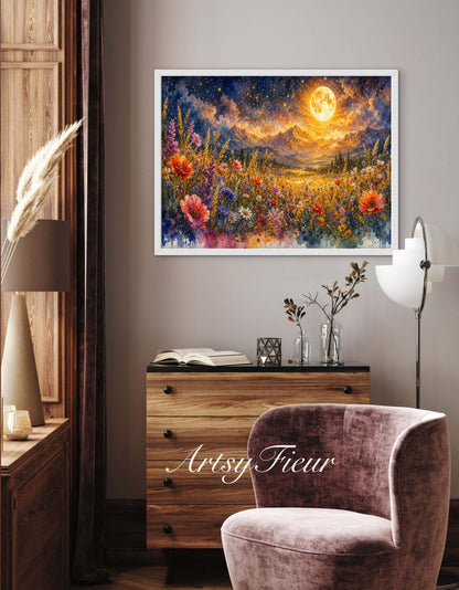 Framed canvas- vibrant full moon starry night sky colourful wildflowers floral wall art living room
