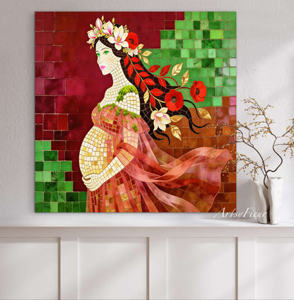 Framed Canvas- Vibrant Magnolia Flowers Beautiful Brunette Pregnant Woman’s Abstract Portrait Mosaic Original Artwork Fantasy Wall Art Print Mother Nature
