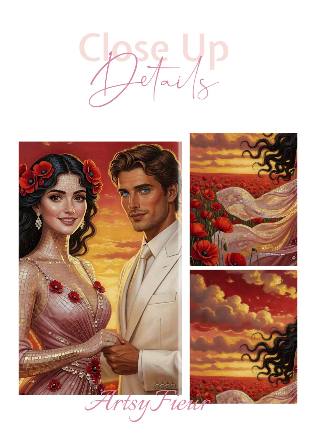 Framed canvas- whimsical full moon sunset bride and groom, wedding, poppy field, vibrant colours living room original artwork, fantasy oil painting wall art print