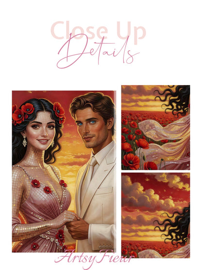 Framed canvas- whimsical full moon sunset bride and groom, wedding, poppy field, vibrant colours living room original artwork, fantasy oil painting wall art print
