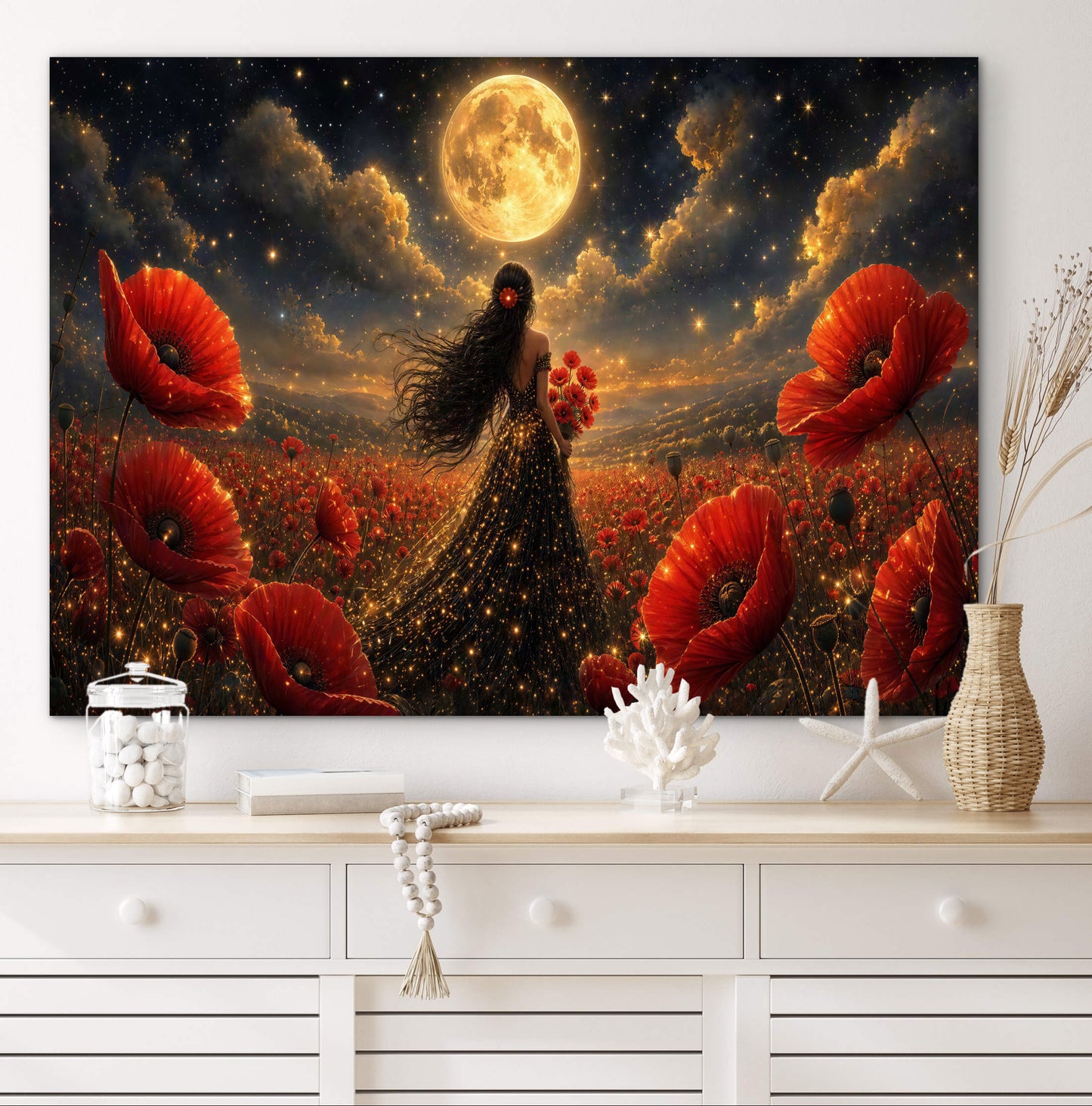 Framed Canvas - Vibrant Poppies Whimsical Full Moon Bride in Poppy Field, Wall Art Ready to hang Oil Painting Original Artwork Print Black Wedding Dress
