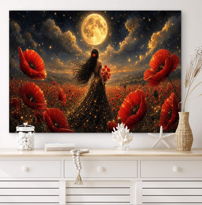 Framed Canvas - Vibrant Poppies Whimsical Full Moon Bride in Poppy Field, Wall Art Ready to hang Oil Painting Original Artwork Print Black Wedding Dress