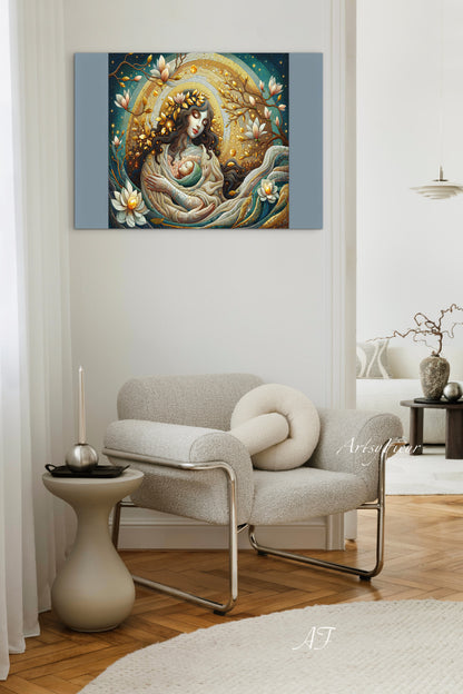 Framed Canvas- Vibrant Magnolia Flowers Mother and Daughter Portrait Original ArtworkFantasy Wall Art