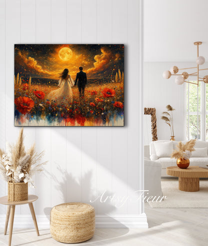 Framed canvas- whimsical full moon sunset -bride and groom, wedding gift, fantasy oil painting bedroom wall art print floral poppies field colourful vibrant colours